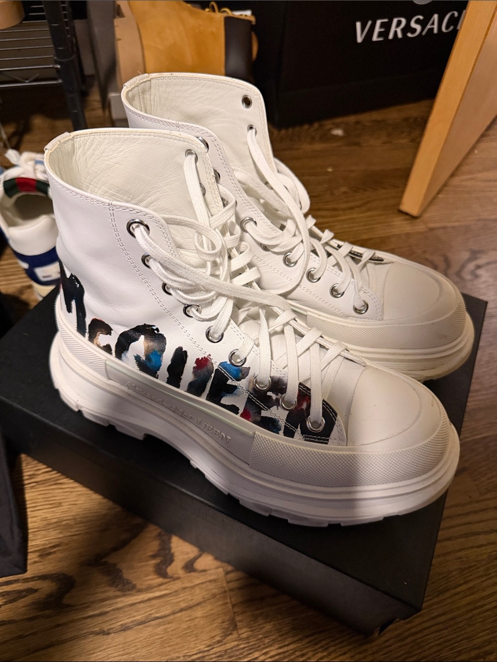 Alexander McQueen White High-Top Leather Boots with Multicolor Logo size 41.5